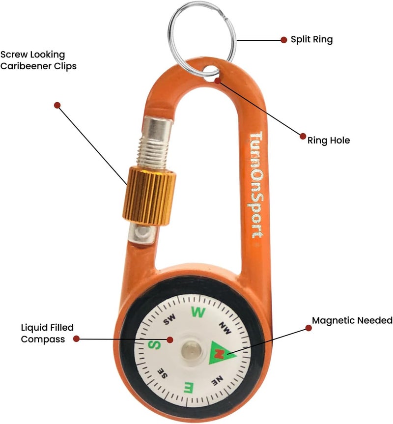 TurnOnSport Carabiner Clip On Compass Hiking - Compact Compass Keychain Backpacks | Small Pocket Magnetic Compass Keychain for Kids - Hiking Compass Twist Lock | Keyring Keychains Outdoor Survival Camping 2 pcs - Image 2